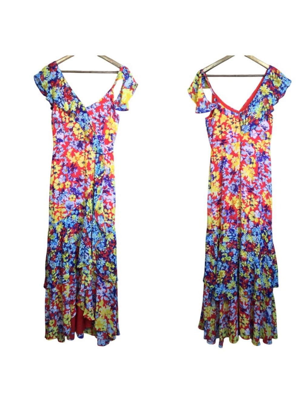 Lulus Radiant Ruby Red Floral Chiffon Maxi Dress Flutter Sleeves Tiered Ruffle S